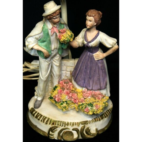 Vintage French Country European Lamp Man Woman Floral Accent Table Ceramic Resin - Picture 2 of 12